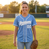 Custom Piped Baseball Jersey – Light Blue White Gray – worn by a woman