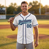 Custom Piped Baseball Jersey – White Navy Blue Teal – worn by a man