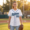 Custom Piped Baseball Jersey – White Navy Blue Teal – worn by a woman