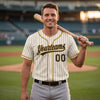 Custom Cream - Black - Old Gold Piped Pinstripe Baseball Jersey – worn by a man