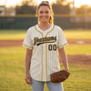 Custom Cream - Black - Old Gold Piped Pinstripe Baseball Jersey – worn by a woman
