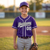 Custom Purple - Gray - Black - White Piped Pinstripe Baseball Jersey – youth size worn by a kid