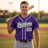 Custom Purple - Gray - Black - White Piped Pinstripe Baseball Jersey – worn by a man