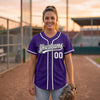 Custom Purple - Gray - Black - White Piped Pinstripe Baseball Jersey – worn by a woman