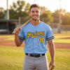 Custom Sleeve Stripe Baseball Jersey – Light Blue Navy Blue Yellow – worn by a man
