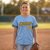 Custom Sleeve Stripe Baseball Jersey – Light Blue Navy Blue Yellow – worn by a woman