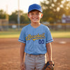 Custom Solid Baseball Jersey – Light Blue Gold Navy Blue – youth size worn by a kid