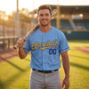 Custom Solid Baseball Jersey – Light Blue Gold Navy Blue – worn by a man