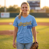 Custom Solid Baseball Jersey – Light Blue Gold Navy Blue – worn by a woman