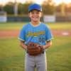 Custom Solid Baseball Jersey – Light Blue Navy Blue Gold – youth size worn by a kid