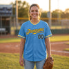 Custom Solid Baseball Jersey – Light Blue Navy Blue Gold – worn by a woman
