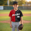 Custom Black - White - Red - Gray Split Color Baseball Jersey – youth size worn by a kid