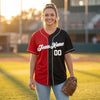 Custom Black - White - Red - Gray Split Color Baseball Jersey – worn by a woman