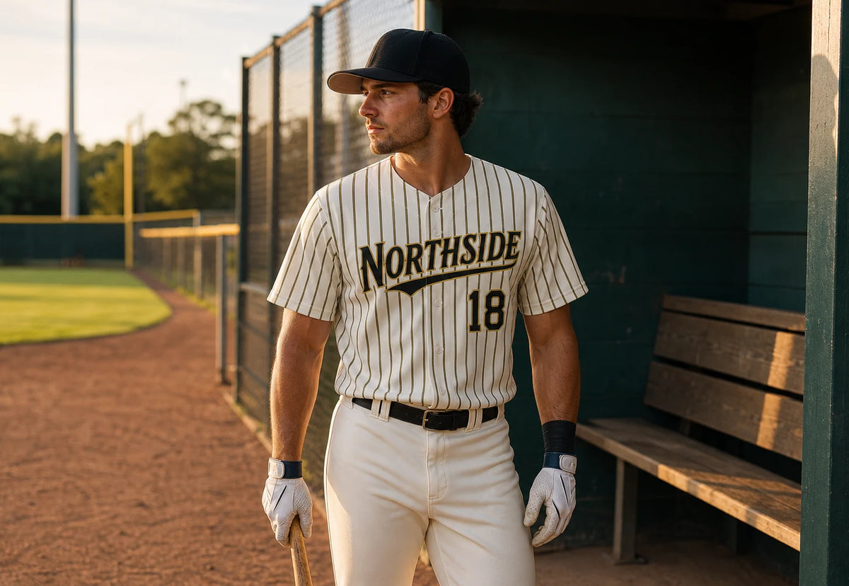 Baseball player wearing a personalized cream pinstripe jersey beside a dugout