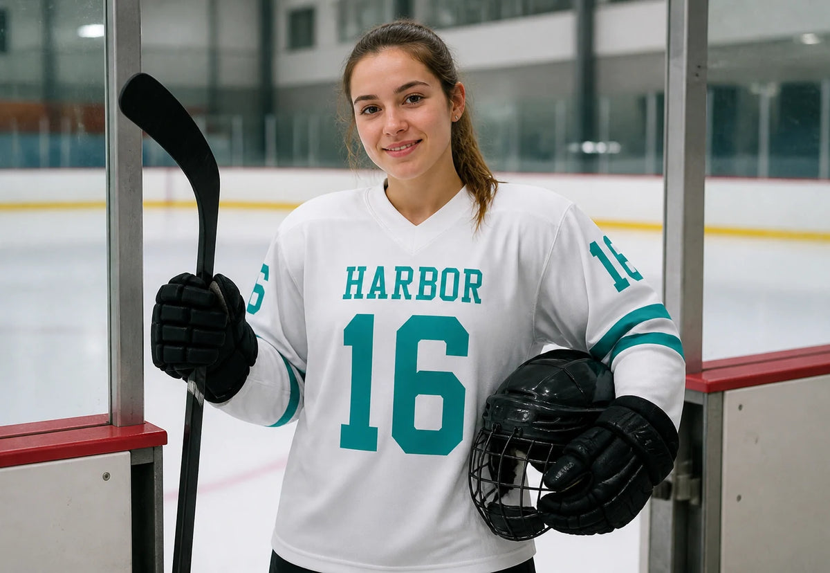Hockey player wearing a personalized white and teal long-sleeve jersey at the rink