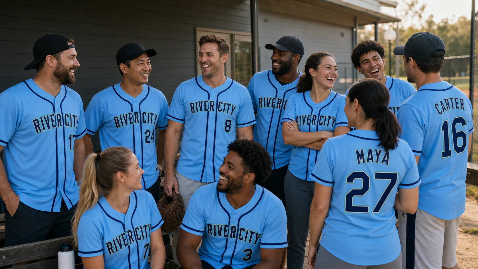 A team wearing coordinated personalized light blue jerseys