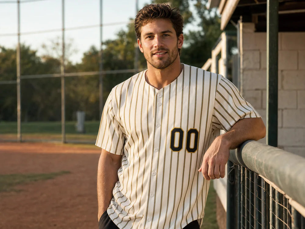 Person wearing a cream, black and gold pinstripe button-front personalized jersey