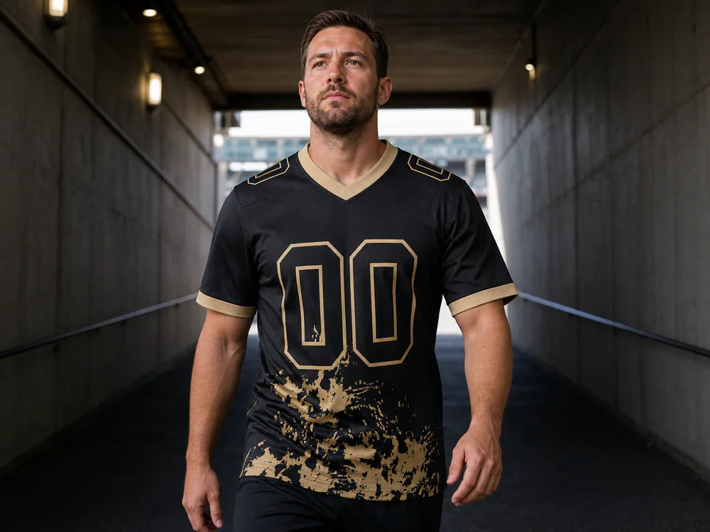 Person wearing a black and Vegas gold short-sleeve personalized jersey