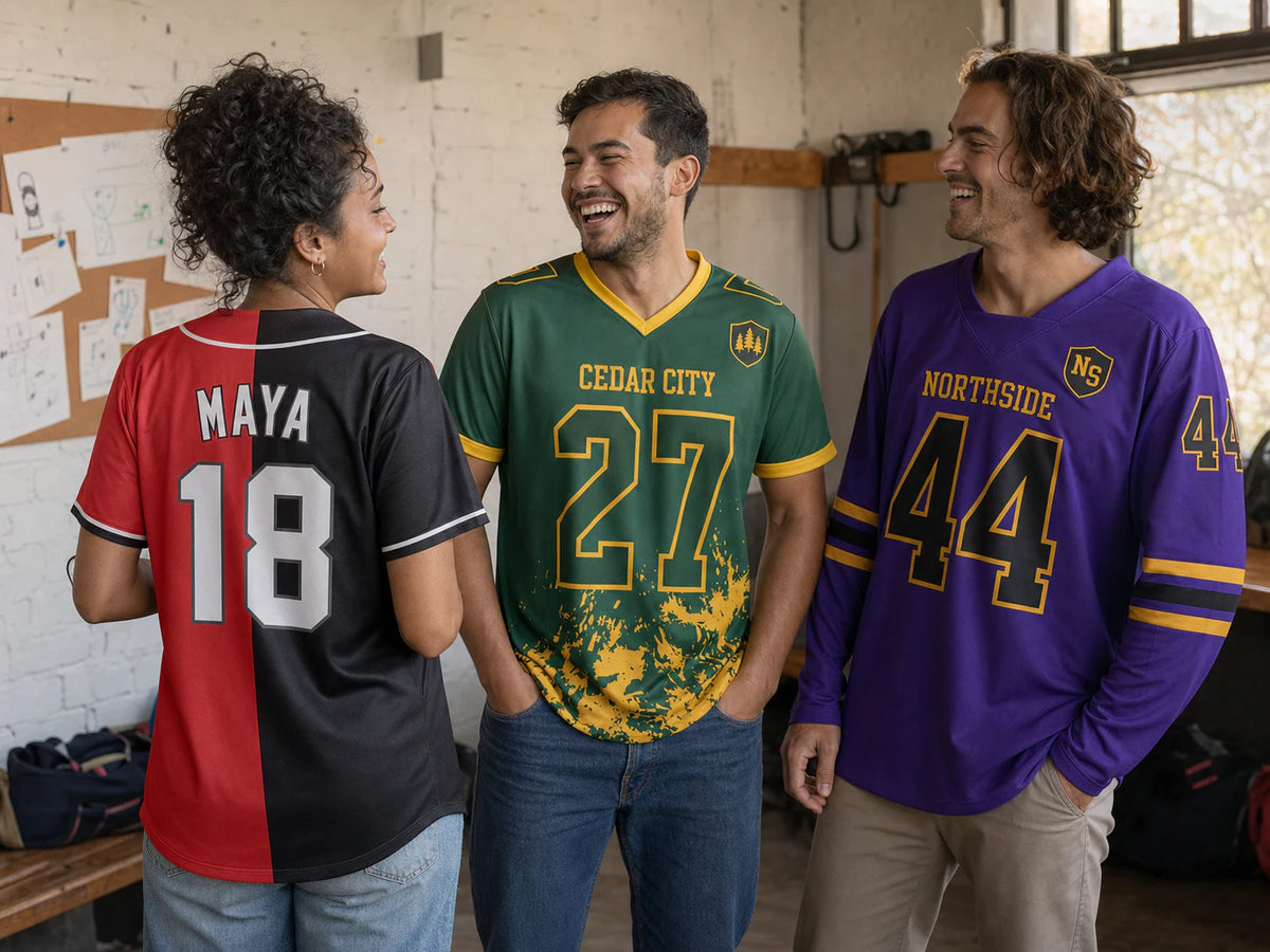 Three friends wearing personalized Pro Fan Lab baseball, football, and hockey jersey styles