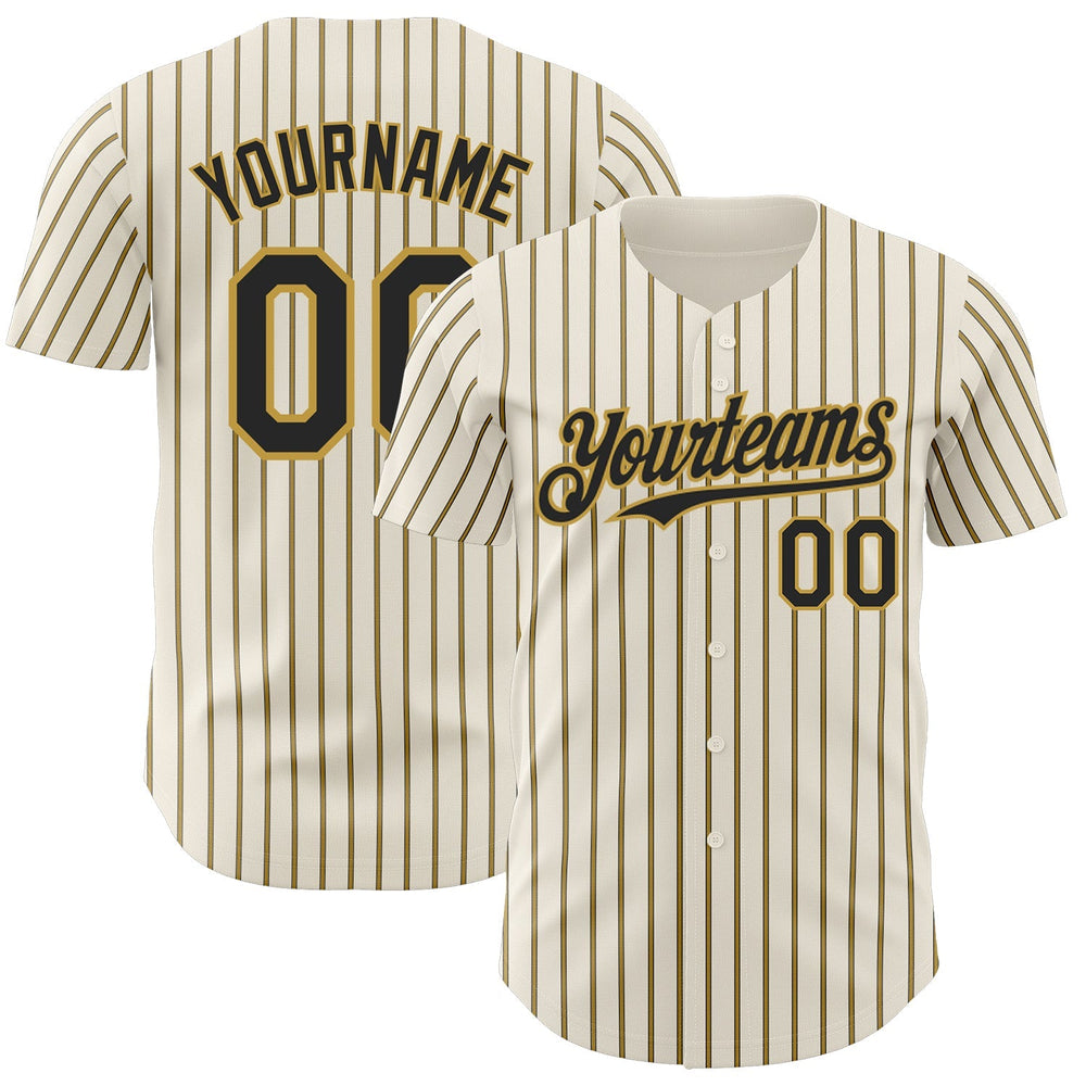 Cream, black and gold custom baseball jersey shown from the front and back