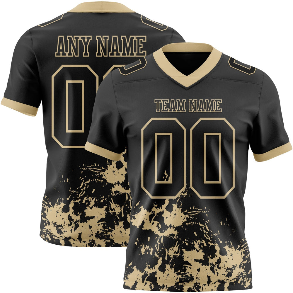 Black and gold custom football jersey shown from the front and back