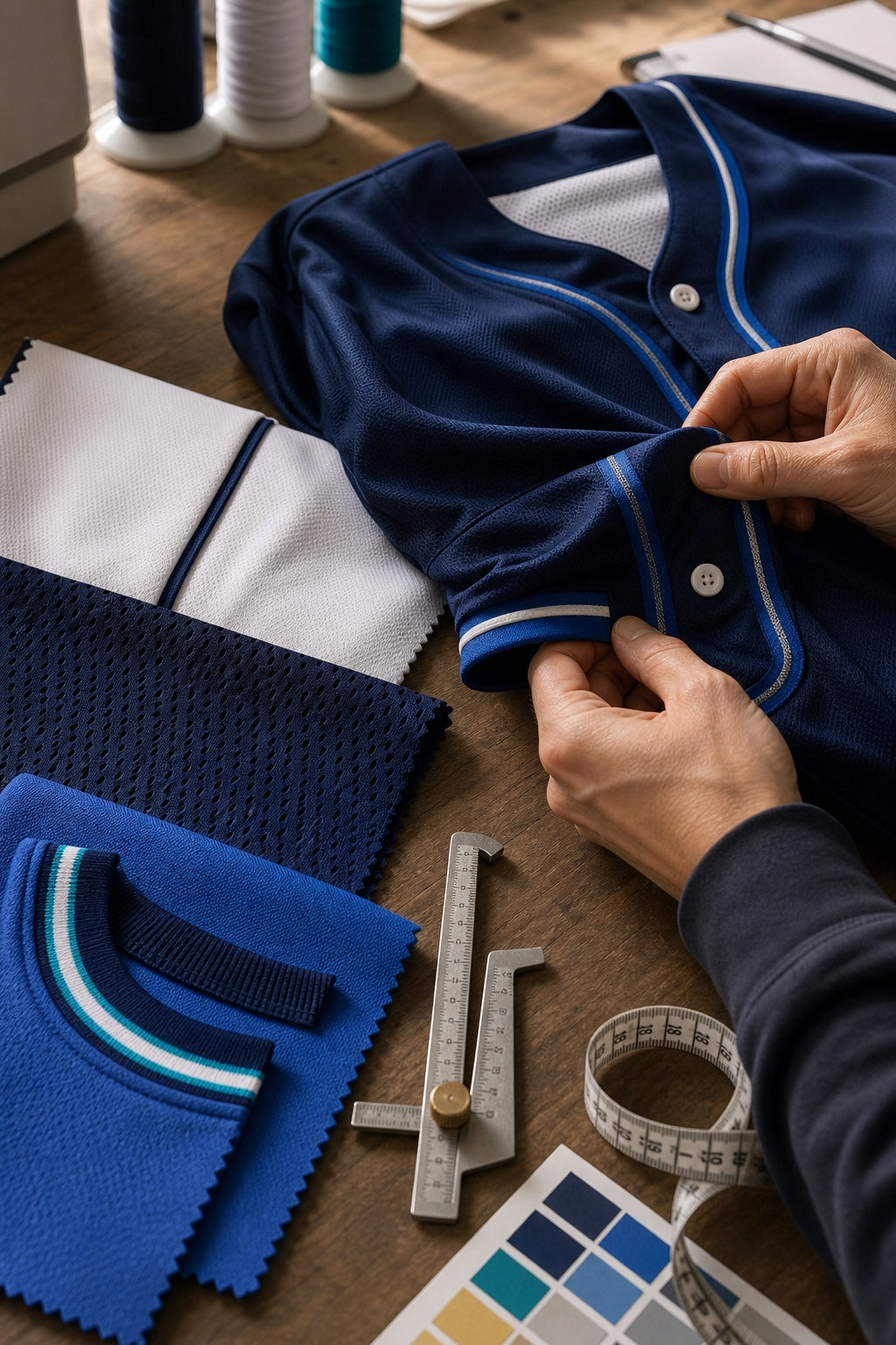 Pro Fan Lab custom jersey quality inspection showing stitching, mesh fabric and rib-knit samples